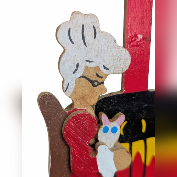 Vintage Schmidt Emgee Wooden Christmas Ornament Lady with Cat and Dog Fireplace - Picture 3 of 9